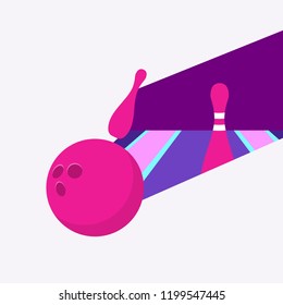Bowling ball on the bowling track knocks down pins. Abstract colorful flat concept vector illustration for bowling tournament, party, night. Element for flyer, poster, banner.