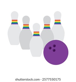 A bowling ball and pin decorated with rainbow pride colors