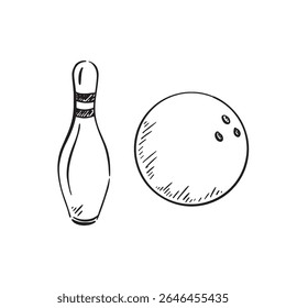 Bowling ball and pin. Hand drawn in black and white.