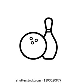 Bowling ball and pin icon. Bowling pins with ball icon. Bowling game. Simple icon skittles with ball. Logo template. Bowling club, tournaments. Sport icon.