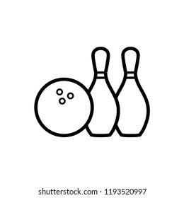 Bowling ball and pin icon. Bowling pins with ball icon. Bowling game. Simple icon skittles with ball. Logo template. Bowling club, tournaments. Sport icon.