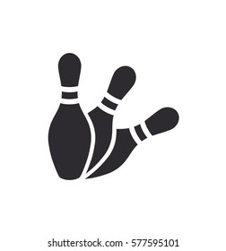 Bowling ball and pin icon. Bowling pins with ball icon. Bowling game. Simple icon skittles with ball. Logo template. Bowling club, tournaments. Sport icon.