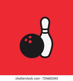 Bowling ball and pin icon. Bowling pins with ball icon. Bowling game. Simple icon skittles with ball. Logo template. Bowling club, tournaments. Sport icon.