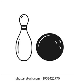 Bowling ball and pin isolated on white background. Sports equipment. Black and white vector illustration