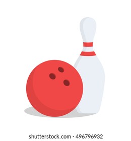 Bowling ball and pin isolated on white background. Bowling ball and pin in cartoon flat style. Vector icon