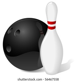 Bowling ball and pin isolated on white.