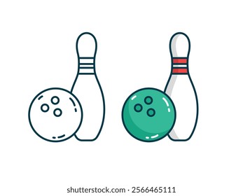 Bowling ball and pin line icon representing indoor sports, leisure games, and scoring fun.