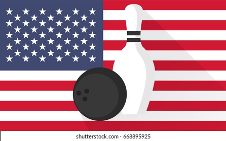 bowling ball and pin on american flag background