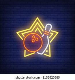 Bowling ball and pin on yellow star neon sign. Bowling logo on dark blue brick background. Night bright advertisement. Vector illustration in neon style for sport and hobby