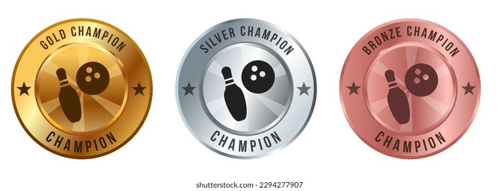 Bowling ball pin strike badge medal medallion graphic gold silver bronze championship competition shiny round shape