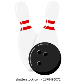 Bowling ball and pin vector icon isolated on white background. Black bowling ball and white skittle. Flat cartoon style sign illustration. Ball game concept. Bowling symbols.