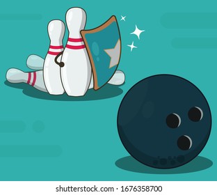 Bowling ball and pin vector illustration. The pin hold shield for protection
