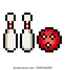  Bola de boliche y bolos en estilo de arte de 8 bits pixel