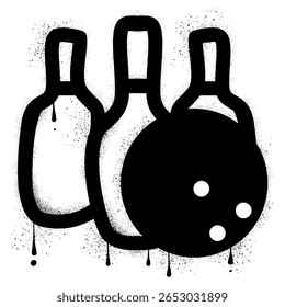 Bowling ball and pins with black spray paint graffiti