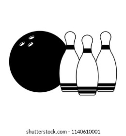 Bowling ball and pins in black and white