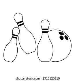 Bowling ball and pins cartoon in black and white