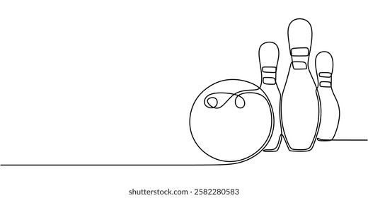 Bowling ball and pins in continuous one line drawing. Symbol of sports, leisure activity, and competition. Vector illustration hand drawn.