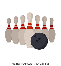 Bowlingkugel und Pins Flache Vektorillustration Clipart isoliert auf weißem Hintergrund