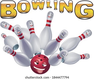 Bowling Ball and Pins with funny Faces