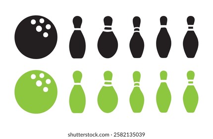  Bowling ball and pins icon collection on white background