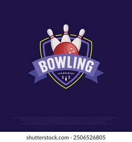 bowling ball and pins logo with shield badge. vintage bowling club vector template design illustration