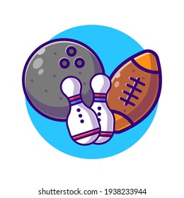 Bowling Ball with Pins and rugby Ball Vector Flat Illustration.Work out, Ball, Sports, Pins, American Ball. Flat Cartoon Style