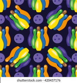 Bowling ball, bowling pins, shoes multicolor symbols on black background.