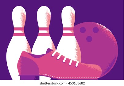 Bowling ball, bowling pins and shoes vector illustration. 