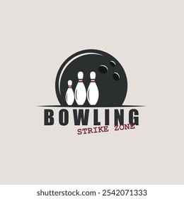 bowling ball with pins strike zone logo vector vintage illustration design, sign or symbol 