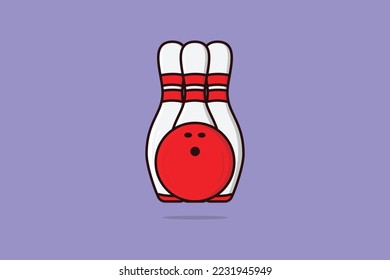 Bowling Ball with Bowling Pins vector illustration. sports objects icon concept. Bowling pins and red ball sports set vector design on purple background with shadow.