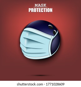 Bowling ball with a protection mask. Caution! wear protection mask. Risk disease. Cancellation of sports tournaments. Pattern design. Vector illustration