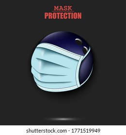 Bowlingball mit Schutzmaske. Vorsicht! Schutzmaske tragen. Risikokrankheit. Stornierung von Sportturnieren. Musterdesign. Vektorgrafik