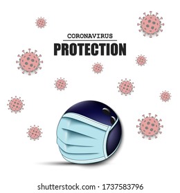 Bowling ball with a protection mask and cells coronavirus bacteriums. Stop covid-19 outbreak. Caution risk disease 2019-nCoV. Cancellation of sports tournaments. Pattern design. Vector illustration