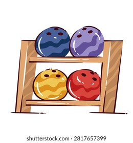 Bowling ball rack with four colorful balls arranged on two wooden shelves. Bowling alley, club and equipment rental graphics feature a bowling ball rack, cartoon vector illustration.