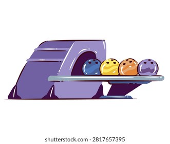 Bowling ball return with four colorful balls on a raised track beside the lane. Bowling club and alley graphics featuring a bowling ball return, cartoon vector illustration.