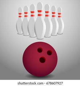 Bowling Ball Rolling, About to Strike a Row of Pins Vector Illustration