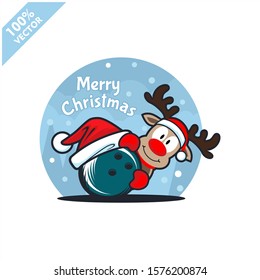 Bowling ball santa hat with cartoon christmas deer logo vector