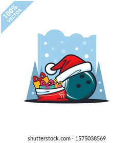 Bowling ball santa hat with christmas gift bags logo vector