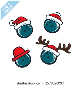 bowling ball with santa hat christmas theme set of 4 logo vector 