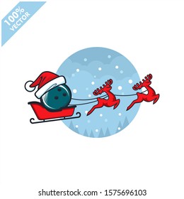 Bowling ball with santa hat flying sleigh logo vector