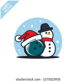 Bowling ball santa hat with snow man logo vector