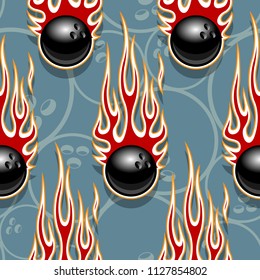 Bowling ball seamless pattern with hotrod flame. Printable vector illustration. Ideal for wallpaper packaging fabric textile wrapping paper design and any decoration.