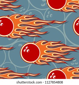 Bowling ball seamless pattern with hotrod flame. Printable vector illustration. Ideal for wallpaper packaging fabric textile wrapping paper design and any decoration.