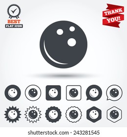 Bowling ball sign icon. Bowl symbol. Circle, star, speech bubble and square buttons. Award medal with check mark. Thank you ribbon. Vector