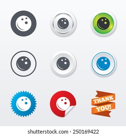 Bowling ball sign icon. Bowl symbol. Circle concept buttons. Metal edging. Star and label sticker. Vector