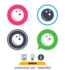 Bowling ball sign icon. Bowl symbol. Report document, information sign and light bulb icons. Vector