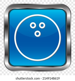 Bowling ball simple icon. Flat design. Metal, blue square button. Transparent grid.ai