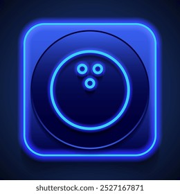 Bowling ball simple icon. Flat design. Blue neon style on button. With shadow.ai