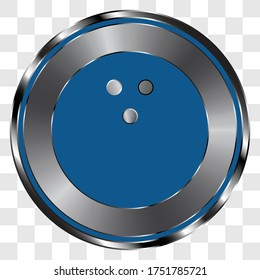 Bowling ball simple icon on metal round button. Transparent grid