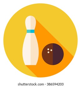 Bowling Ball and Skittle Circle Icon. Flat Design Vector Illustration with Long Shadow. Sport Activity and Fitness Lifestyle Symbol.